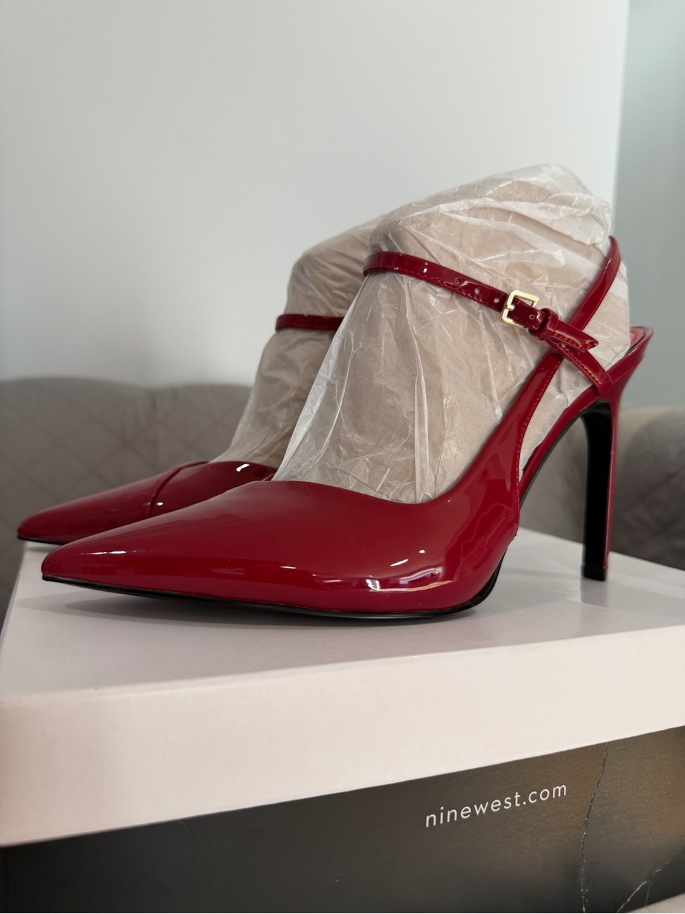 Nine West Red Patent Pointed-Toe Slingback Pumps with Gold Buckle